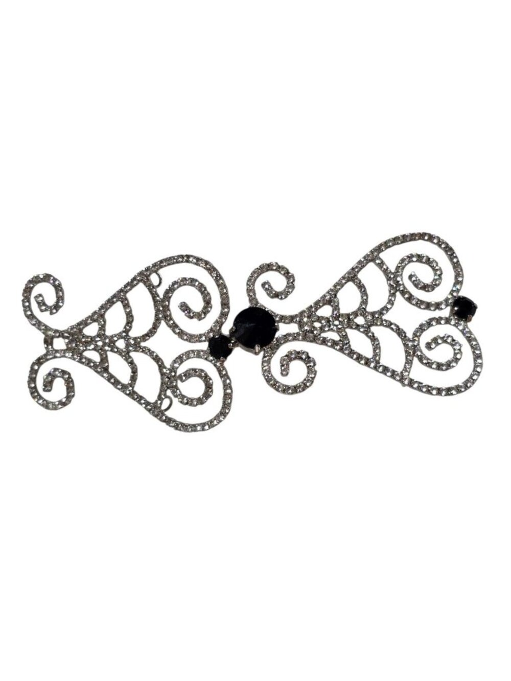 Vintage White Rhinestone and Onyx Filigree Silver-Tone Blazer Dress Clip
